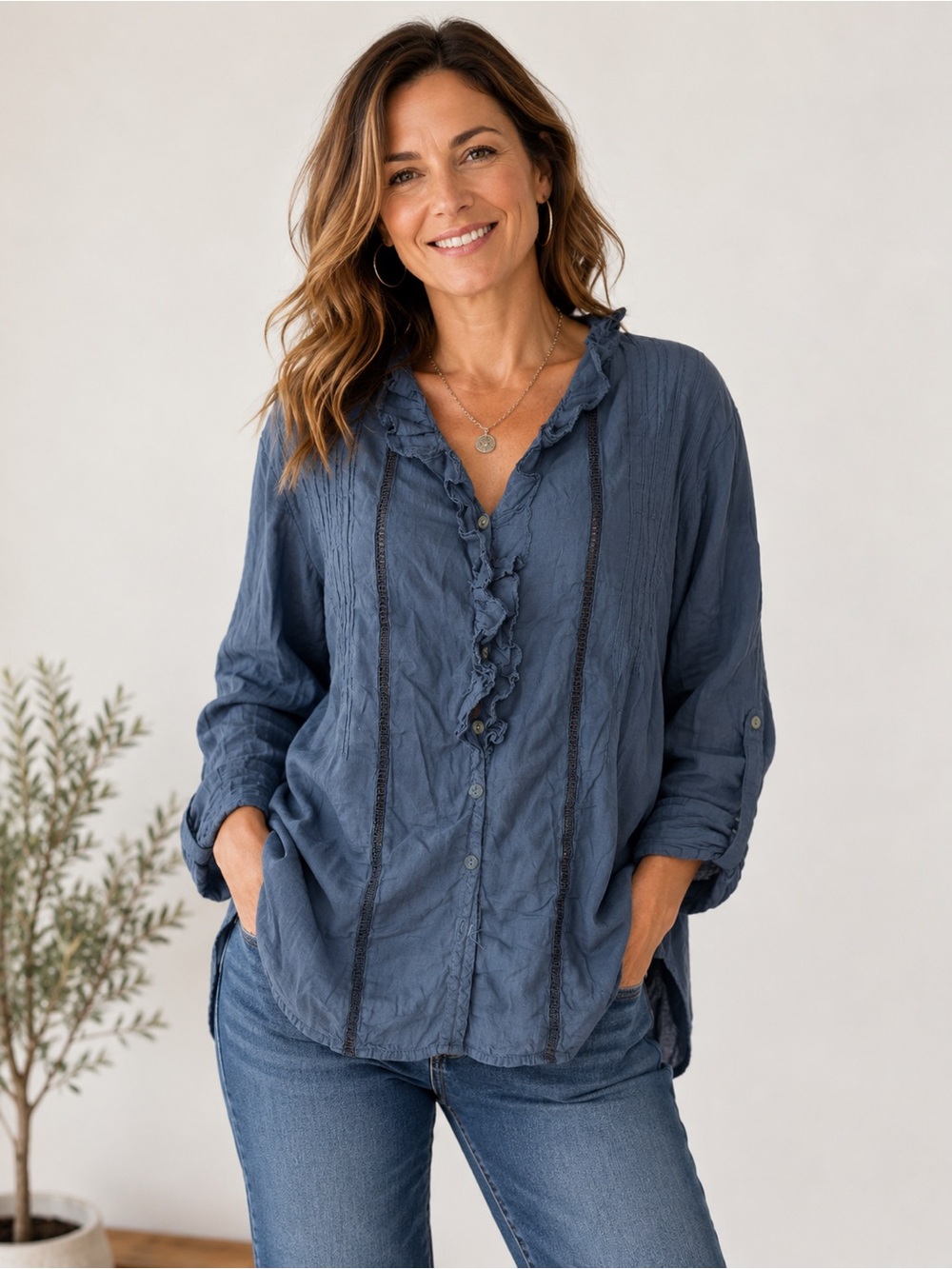 Washed Navy Ruffle-Trim Button Front Women's Top - Picture 1 of 9